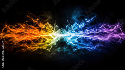 Vibrant abstract energy waves in orange, yellow, blue, and purple on black background create dynamic and colorful visual