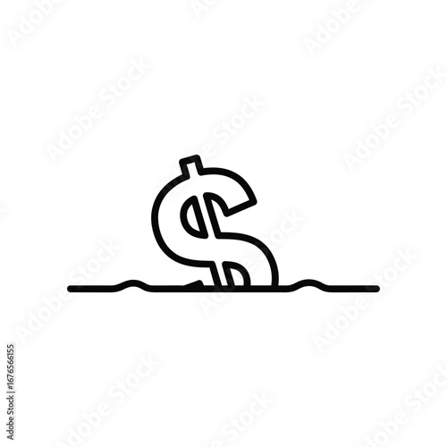 Financial symbol in line style: A minimalist illustration depicting a dollar sign sinking into the water, symbolizing financial instability or economic downturn.