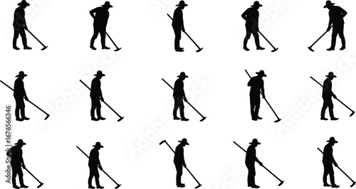 Farmer silhouette, agriculture worker, man with hoe, farming illustration, rural labor, village worker, field work vector, agriculture art, harvest