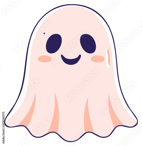 Cute ghost character smiling with blush cheeks and dark eyes in a playful style