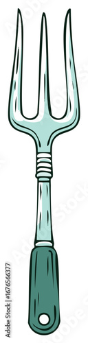 Hand drawn illustration of a garden pitchfork with a teal handle and tines