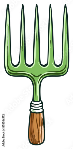 Green garden pitchfork with wooden handle