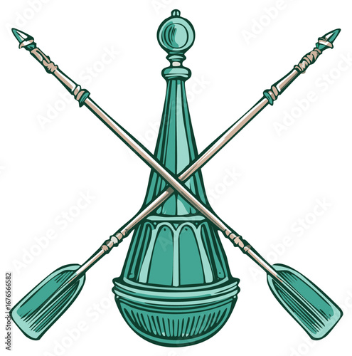 Stylized vintage decorative crest with crossed boat oars and elegant ornamental finial illustration