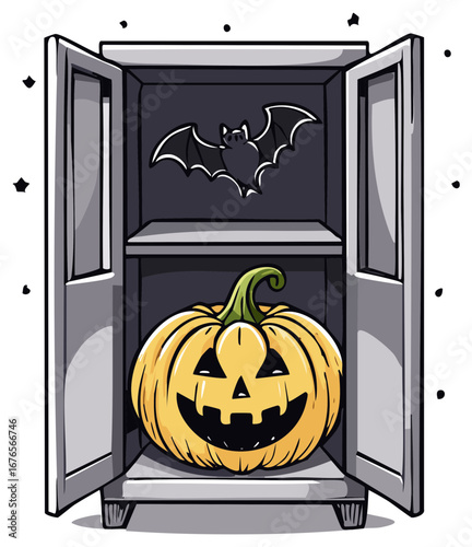 Jack-o'-lantern and bat inside an open cupboard for Halloween