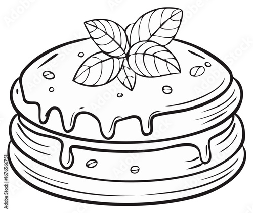 A stack of cartoon pancakes with dripping syrup and a mint garnish, a black and white coloring page illustration