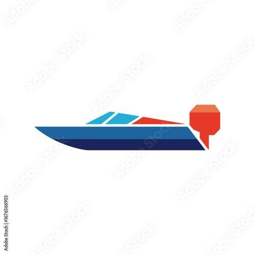 Illustration of a blue and red motorboat on the water, a fast and modern vessel.