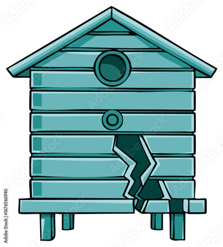 Damaged teal birdhouse icon with splintered wood, cartoon illustration with cracked planks, isolated vector clipart
