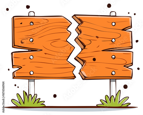 Broken Wooden Signpost Separated in Middle with Grass and Dots