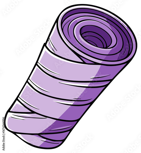 Rolled lavender yoga mat in cartoon style for exercise or fitness equipment