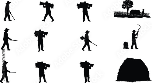 Farmer silhouettes, agriculture workers, harvesting crops, carrying bundles, rural lifestyle, traditional farming, countryside labor, field work, crop harvest, farm tools
