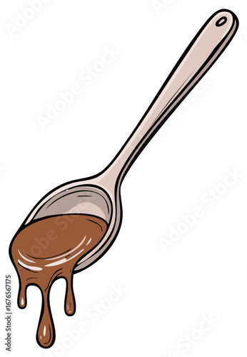 Spoonful of rich, creamy, delicious chocolate sauce illustration on white, dripping with flavor, dessert topping