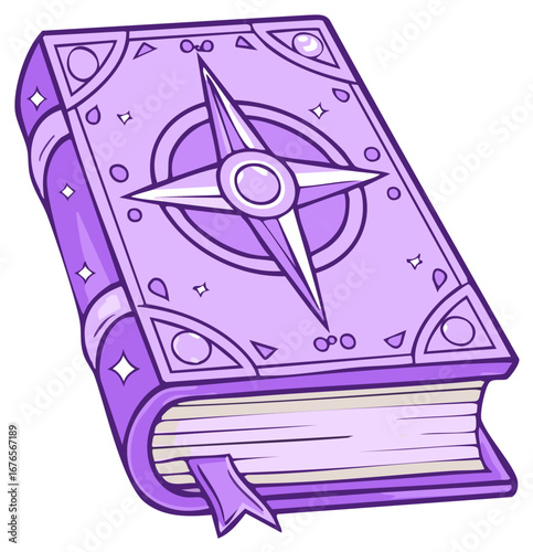Ornate Purple Spellbook with Mystical Star Compass and Orbs Fantasy Grimoire Illustration