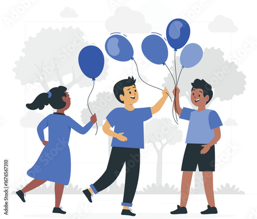 Children holding colorful balloons in a joyful scene