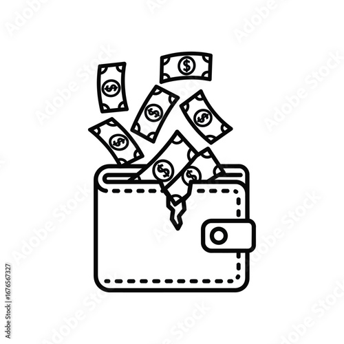 Cash outflow: A sleek, minimalist illustration depicting a wallet overflowing with US dollar bills, symbolizing expenditure or financial loss. 