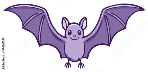 Cute purple cartoon bat flying with spread wings, smiling friendly illustration for kids Halloween spooky design
