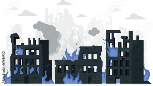 Fiery cityscape with rafiki character illustration