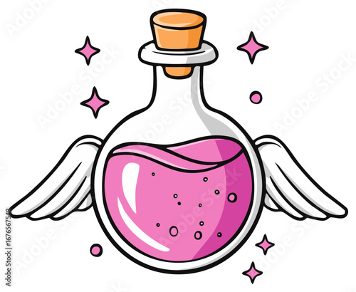 Magical Potion with Wings and Sparkling Stars in a Round Bottle