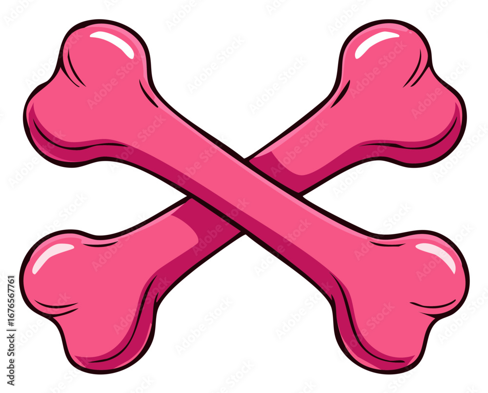 Fototapeta premium Two pink cartoon bones crossed together creating a stylized hazard symbol or pet treat illustration