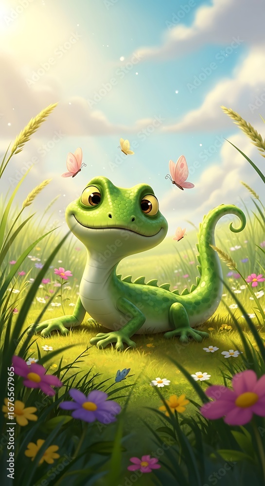 Obraz premium A cheerful lizard in a meadow