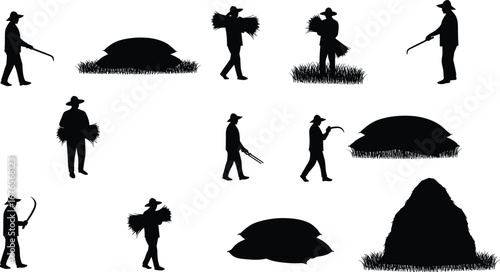 Farmer silhouettes, agriculture workers, harvesting rice, carrying hay, working field, rural lifestyle, traditional farming, countryside labor, crops cultivation, farm tools