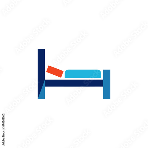 Illustration of a bed with a blue frame, blue mattress, and orange pillow.