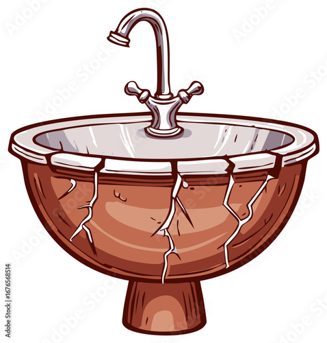 Cartoon illustration of a broken sink with a faucet, brown and white.