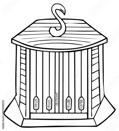 Stylized illustration of a decorative bird feeder with a curved roof and hanging feeding stations