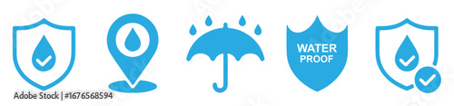 Collection of water related icons featuring shields, drops, umbrellas, and waterproof labels.