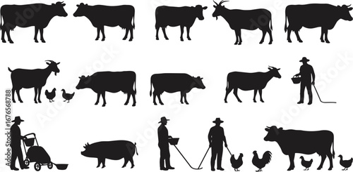 Farmer silhouettes, cow goat pig chicken duck, rural livestock farming, agriculture worker, countryside lifestyle, farm animals illustration, village agriculture scene