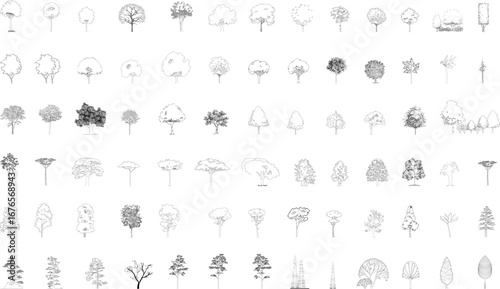 A large collection of black-and-white vector illustrations showing various tree elevations and forms, suitable for architectural, landscape, and urban design projects