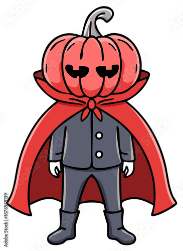 Spooky pumpkin head character wearing a vibrant red cape and gray suit for Halloween