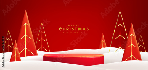Holiday Christmas showcase red background with snow, 3d podium and Christmas trees. Abstract minimal scene. Vector illustration