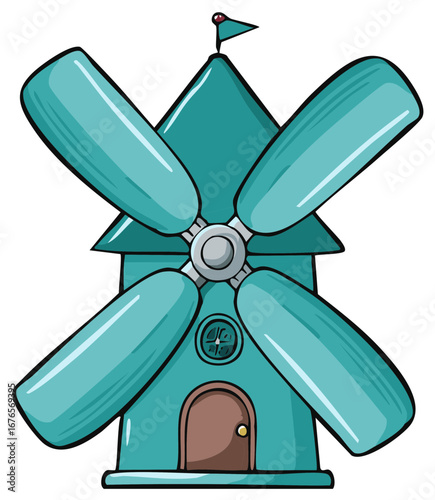 Stylized teal windmill cartoon illustration, traditional vintage farm structure with sails and flag, oldfashioned rustic architecture