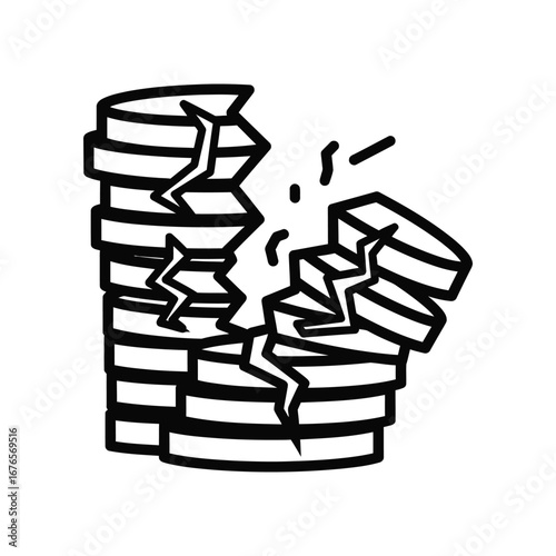 Financial Crisis: A stack of coins, cracking and crumbling, symbolizes the fragility of finances and economic instability.