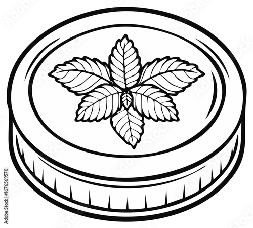 Line art of fresh basil leaves inside a circular shape, possibly a lid or dish.