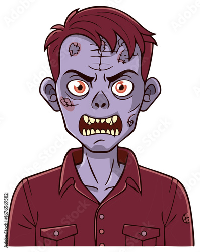 Angry Cartoon Zombie Character Head and Shoulders Illustration Spooky Halloween Undead