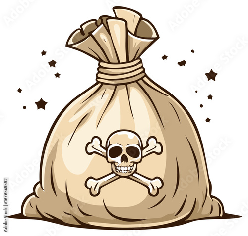 Cartoon style sack bag with skull and crossbones symbol indicating danger poison or piracy
