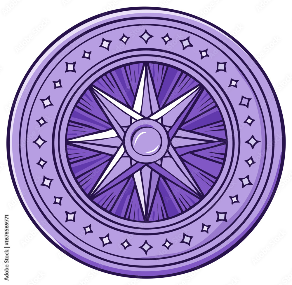 Fototapeta premium Detailed violet windrose illustration with textured gradients and diamond trim, navigation adventure graphic