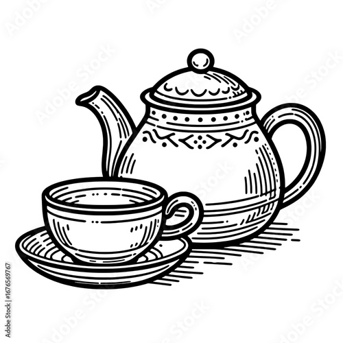 Vintage Teapot and Teacup Illustration–Retro Engraving Style Tea Kettle with Cup and Saucer, Classic Tea Ceremony Drawing, Black and White Hand Drawn Teaware Artwork for Cafe, Kitchen, and Menu Design
