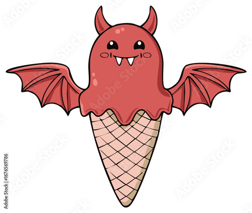 Cute devil ice cream cone with bat wings and horns cartoon illustration