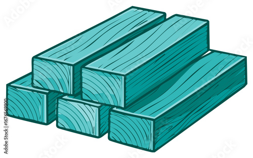 Stack of Aqua Rectangular Wooden Beams, Lumber, Timber, Sketch Style Illustration