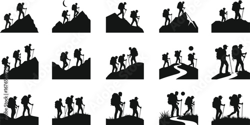 Hiking silhouette, mountain climbing, outdoor adventure, trekking journey, hiker illustration, wilderness exploration, backpack travel, camping trip, hiking vector, nature activity