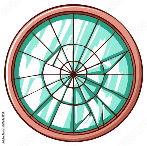 Stylized Artistic Circular Window with Tinted Glass and Radial Panes