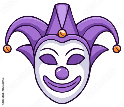 Jester Mask with Bells and Purple Hat, Carnival Costume Cartoon Illustration