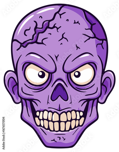 Illustrated purple zombie face with cracks, white eyes, and teeth on white background, isolated