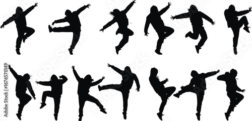 Hip hop dance silhouettes, breakdance freestyle moves, urban dancer illustration, energetic choreography design, street culture performance, modern motion art, youth lifestyle activity