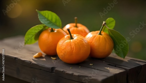 Fresh mandarins with leaves, displayed on a whitewashed wooden board with a distressed finish, shot in the soft, overcast light of a rainy day, autumn.