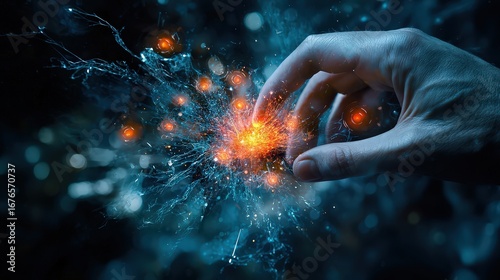 Creative energy unleashed a hand igniting cosmic sparks in a futuristic environment