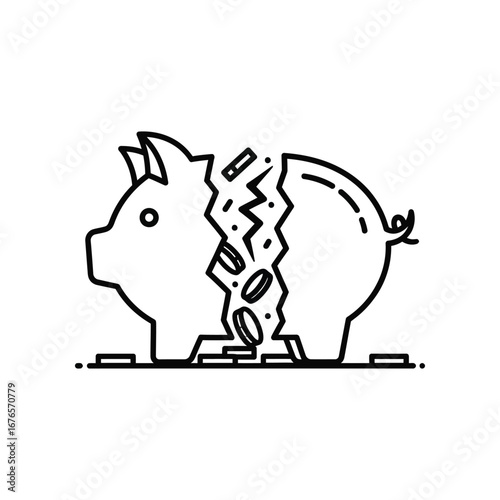 Broken Piggy Bank Concept: A minimalist illustration of a broken piggy bank, with coins spilling out, representing financial loss, economic hardship, or the depletion of savings.