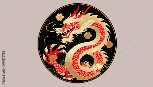 Red dragon illustration with gold details on black background, symbolizing strength and power